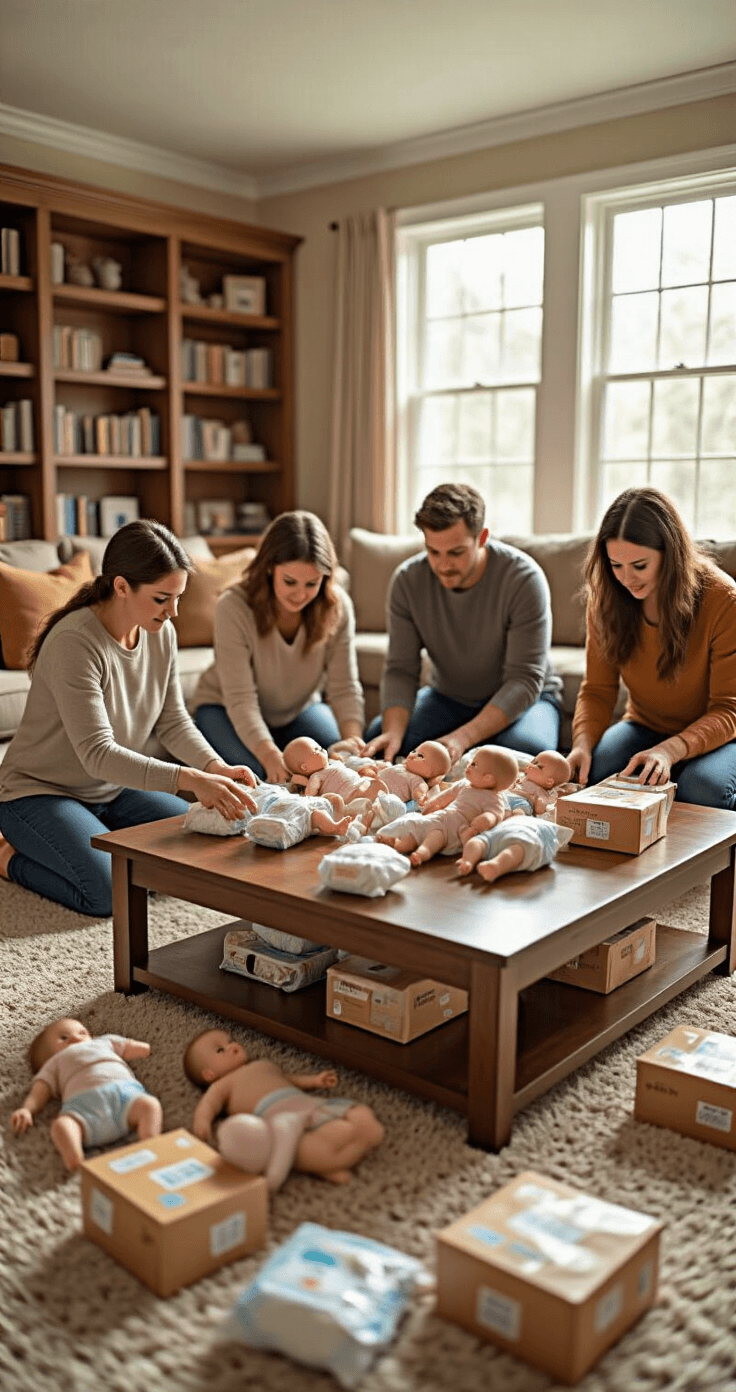 The Most Fun Baby Shower Games That'll Have Your Guests Crying From Laughter A cozy family room filled with natural light showcases adults kneeling on a plush carpet, focused on a game involving realistic baby dolls and scattered disposable diapers. The coffee table is cluttered with baby dolls, while comfortable earth-tone furniture is pushed aside. The scene captures the intensity of friendly competition among participants, highlighting their concentrated expressions in a warm, inviting atmosphere.