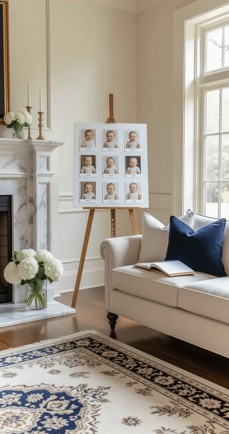 The Most Fun Baby Shower Games That'll Have Your Guests Crying From Laughter Elegant living space featuring a photo gallery of numbered baby photos on an easel near a marble fireplace, with guests examining the images. The room has cream walls, navy blue accent pillows on a linen sofa, fresh white flowers in crystal vases, and a Persian area rug on hardwood floors, all illuminated by soft morning light for an intimate atmosphere.