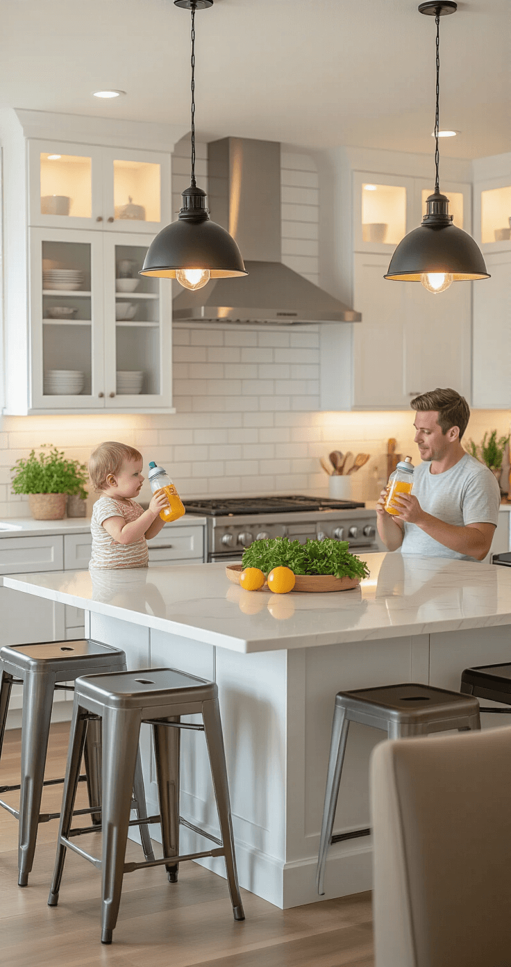 The Most Fun Baby Shower Games That'll Have Your Guests Crying From Laughter A contemporary kitchen island features adults in competitive stances around a quartz countertop, holding wide-neck baby bottles filled with apple juice. Bright pendant lighting illuminates the scene, with stainless steel appliances and a white subway tile backsplash in the background. Potted herbs sit on the windowsill, while bar stools are pushed aside, capturing the humorous contrast between a clean modern aesthetic and the infantile bottles.