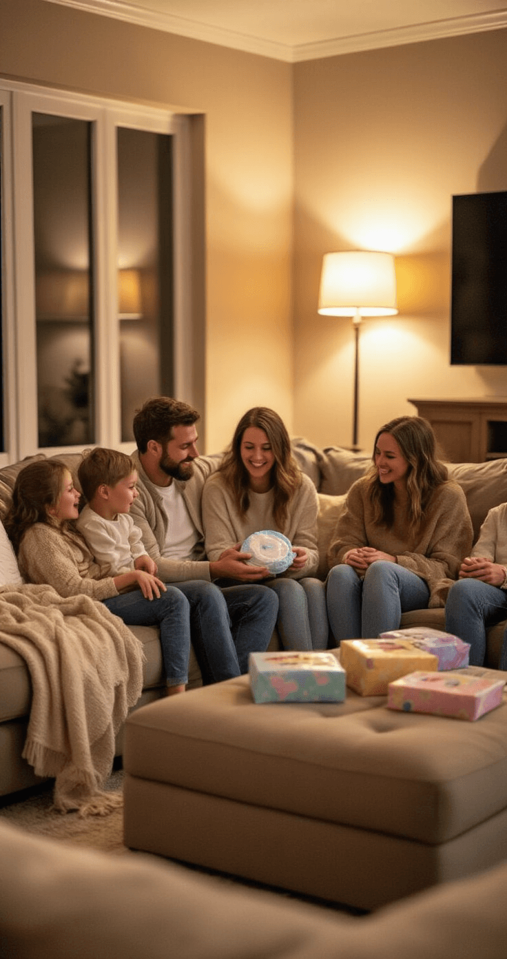 The Most Fun Baby Shower Games That'll Have Your Guests Crying From Laughter A cozy family room with circular seating, featuring a chocolate-filled disposable diaper being passed among guests on an oversized sectional, with warm beige walls and soft throw blankets. An evening lamp casts a warm glow, illuminating the mixed expressions of disgust and amusement on the guests' faces as they enjoy a communal game, complemented by a coffee table of pastel-wrapped prizes.