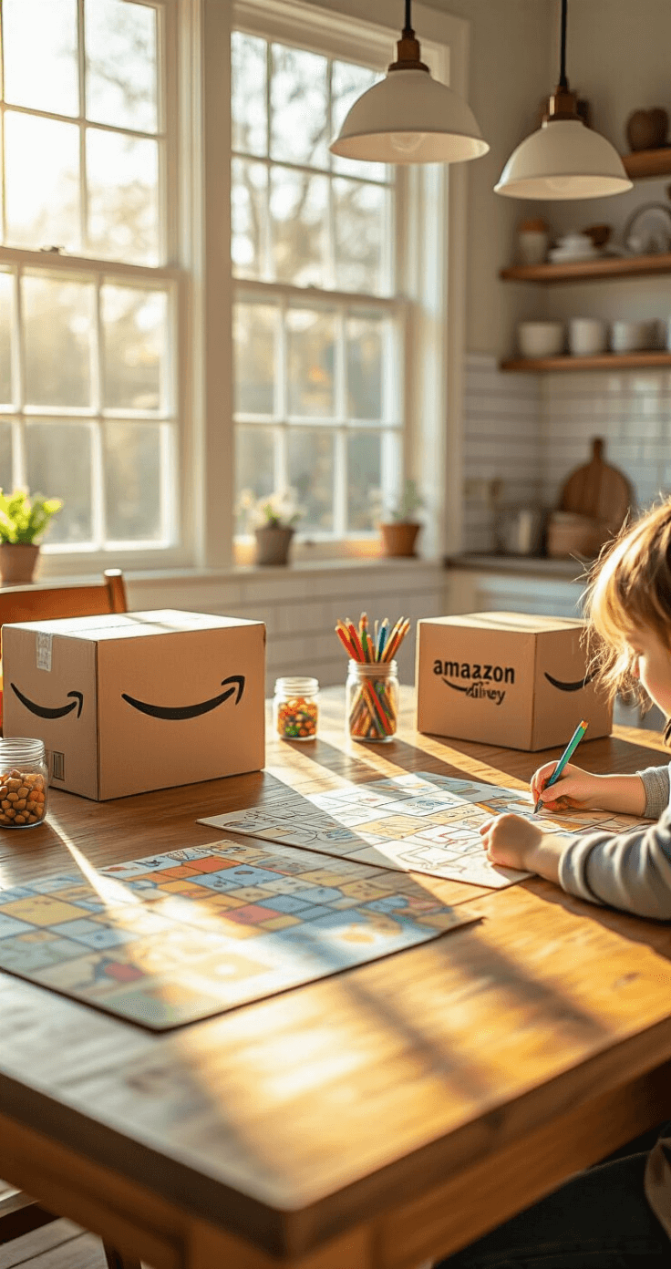 A warm honey-oak dining room table under a large window bathed in soft afternoon sunlight, filled with colorful homemade board game prototypes, repurposed Amazon boxes, and children's hands drawing on cardboard, with a cozy kitchen-dining area in the background and long shadows from golden hour lighting.