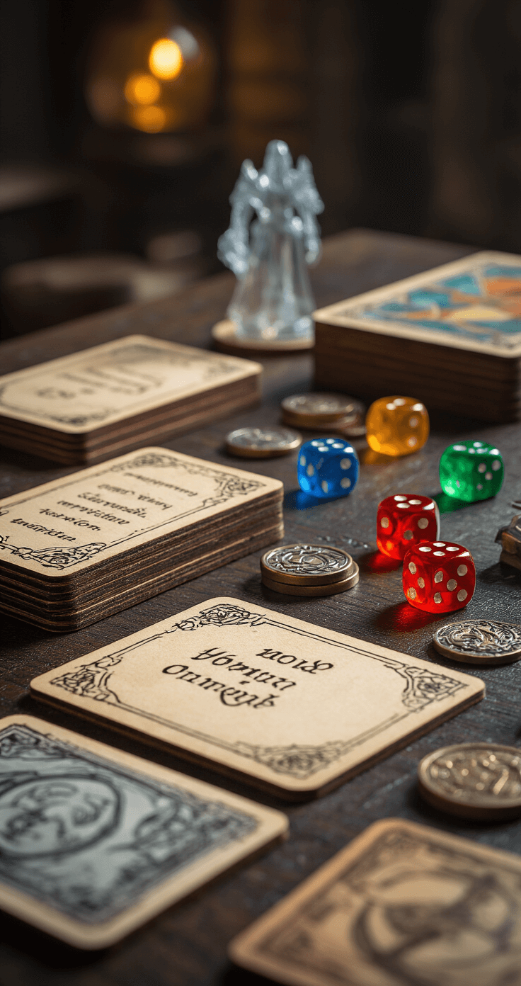 Creating DIY Board Games: A Complete Guide Macro detail shot of custom game pieces and components on a dark wood surface, featuring birch plywood sections, acrylic pieces, metal tokens, and resin miniatures, with dramatic side lighting highlighting textures and craftsmanship. Hand-lettered cards, custom dice, and color-coded elements are arranged alongside.