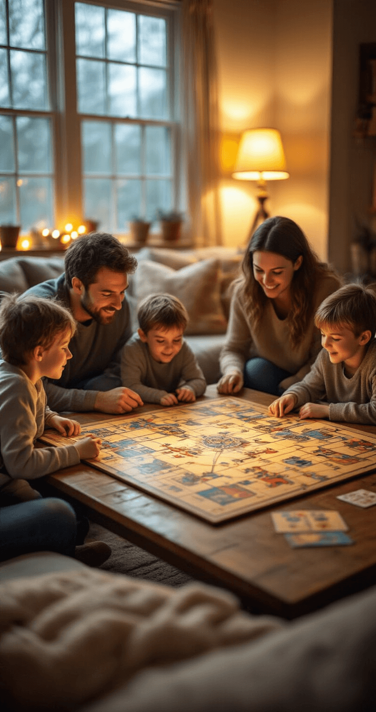 Creating DIY Board Games: A Complete Guide A warmly lit living room scene during a family game night, showcasing multiple family members of varying ages gathered around a completed homemade board game on a coffee table, with cozy seating, soft lighting, and organized game components.