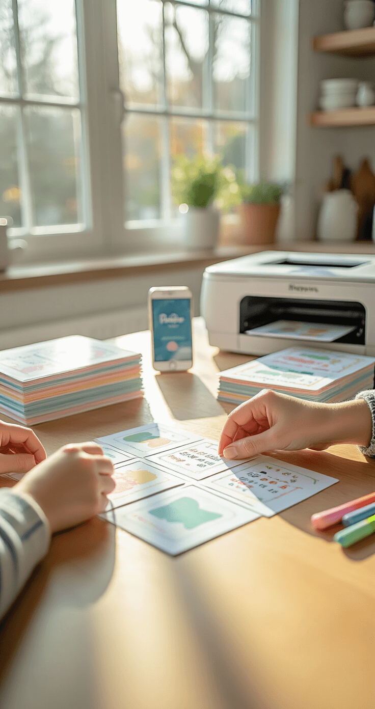 Close-up of a dining table in bright morning light, featuring hands arranging professional baby bingo cards on white cardstock, with coordinated pastel game sheets, scattered colored gel pens, and a smartphone showing the Pampers website, all set in a clean, modern kitchen.