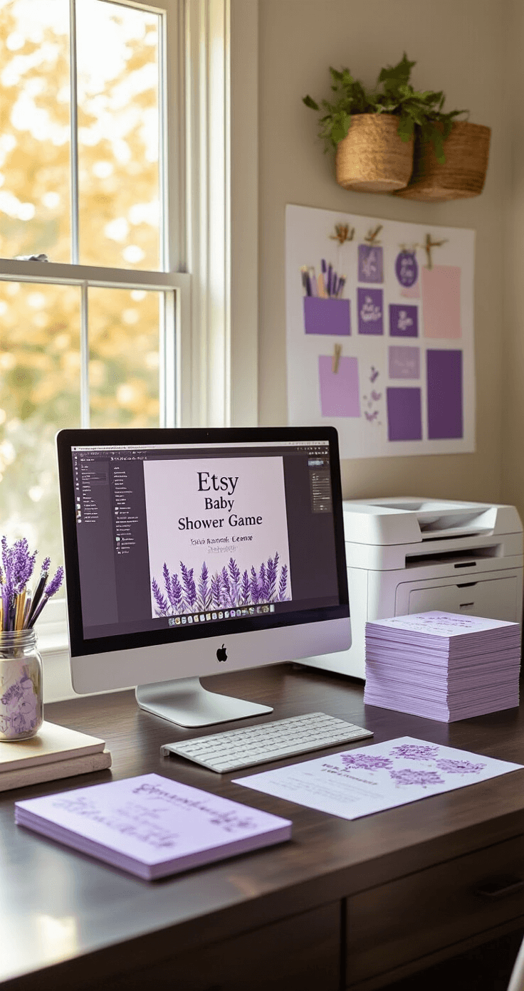 Medium shot of a stylish home office featuring a desktop computer displaying Etsy baby shower game bundles, a color printer outputting lavender-themed game cards, organized stacks of printables on a dark wood desk, mason jars filled with pens, and a mood board with purple swatches, all illuminated by warm afternoon light.