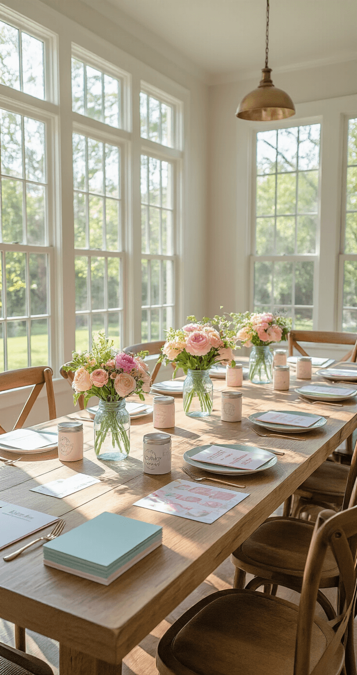 A bright dining room featuring a long wooden table set for a baby shower, complete with coordinated place settings, professional game cards, pastel flower centerpieces in mason jars, and neatly stacked colored cardstock game sheets, all illuminated by natural daylight from large windows.