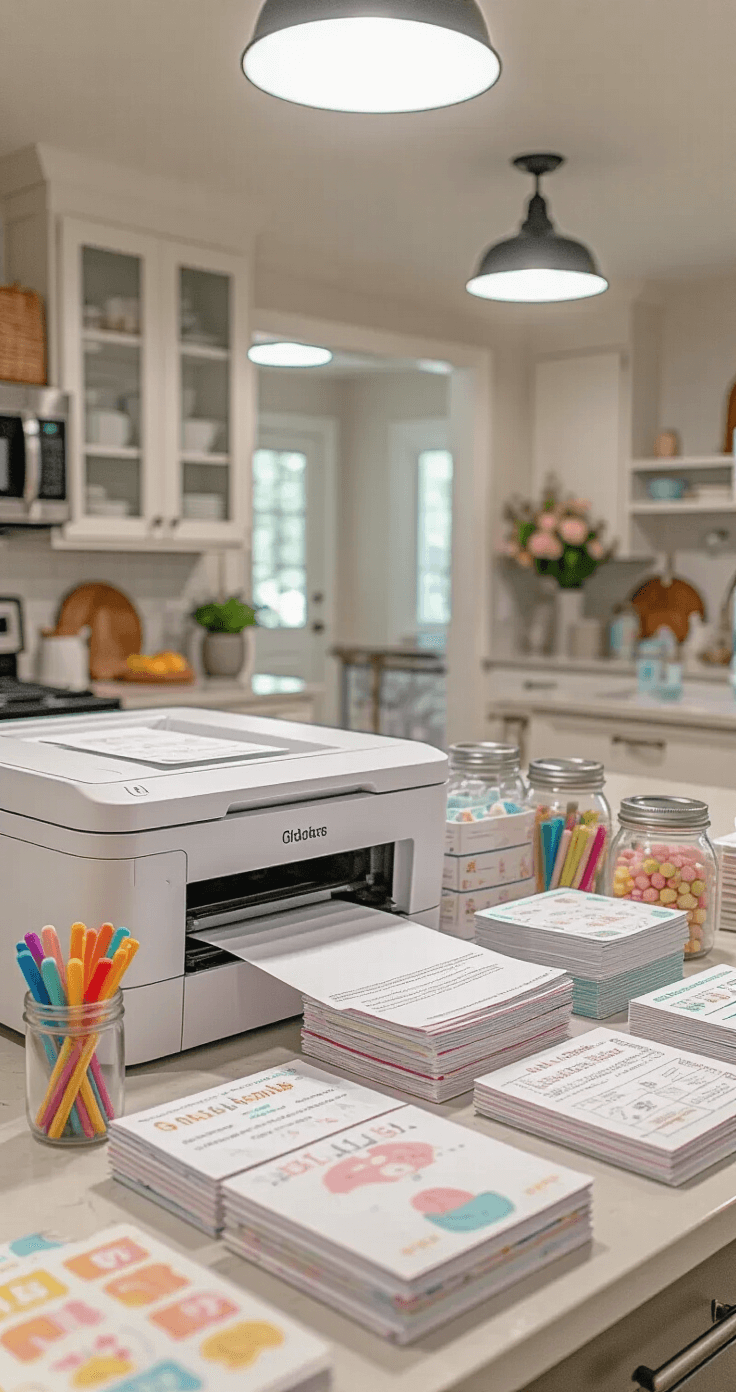 Medium shot of a well-organized kitchen counter prep area with bright overhead lighting. A color printer is actively printing game sheets, while stacks of baby shower printables are organized by game type. Gel pens are sorted in mason jars, and backup ink cartridges are visible, creating an efficient party preparation station for a successful celebration.