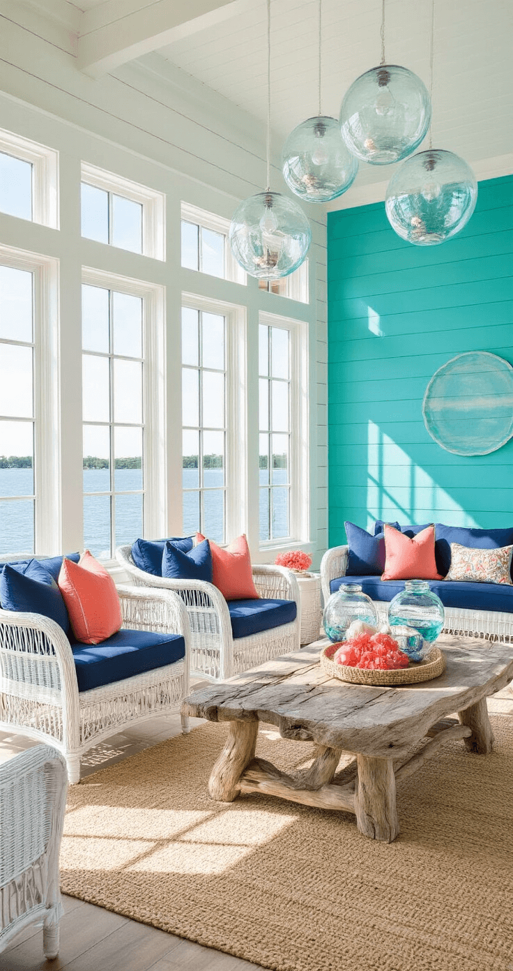 Interior of a pool house with water-themed decor, featuring glass orb pendant lights, a turquoise accent wall reflecting sunlight, white wicker furniture with navy blue cushions, coral accessories, and a driftwood coffee table, all set against shiplap walls and natural fiber rugs, with oversized windows offering a view of the water.