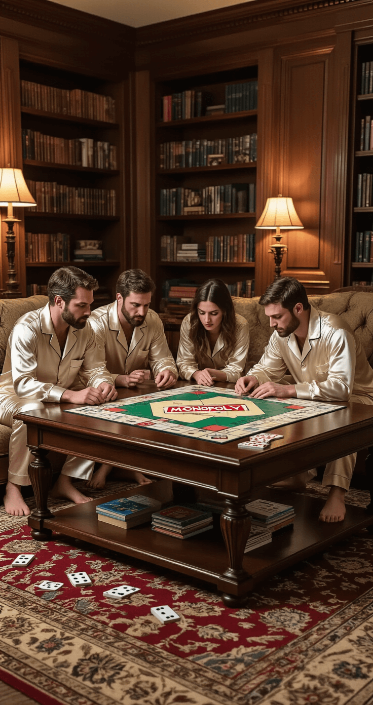 A wide shot of an elegant family room transformed into a board game headquarters, featuring a Monopoly game spread on a rich mahogany coffee table, scattered UNO cards on a Persian rug, and friends in matching silk pajamas intensely leaning over the games, all under soft golden ambient lighting from table lamps.