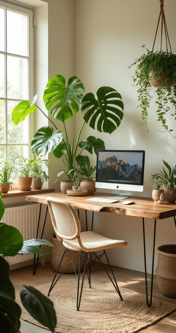 Transform Your Workspace: The Most Popular Desk Ideas Taking 2025 by Storm A biophilic workspace corner featuring a large monstera and hanging pothos, illuminated by natural light. The live-edge walnut desk with steel hairpin legs displays organic patterns, complemented by a woven grass desk mat, ceramic planters, and bamboo accessories. A natural fiber desk chair in cream linen sits beside stone accent pieces and a wooden monitor stand. The slightly elevated camera angle captures layers of plants, with warm, natural lighting creating a calm and nurturing atmosphere filled with rich walnut browns, forest greens, and earth tones.