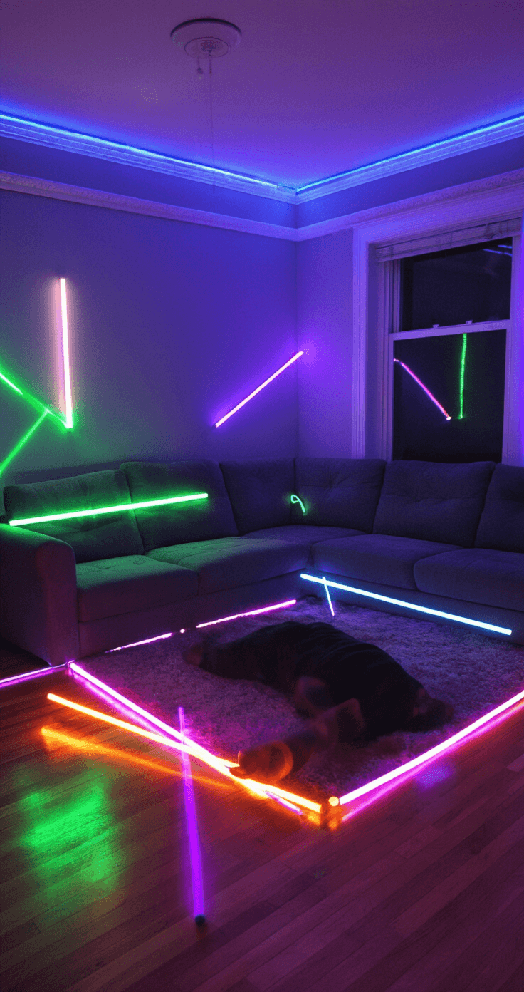 A vibrant living room transformed into a dance floor at night, featuring furniture pushed to the walls, neon glow sticks leaving trails in purple and green across hardwood floors, with a charcoal modern sectional sofa providing a seating boundary. Dim overhead lights and colored LED strips accentuate the crown molding, while a high-angle view captures the energetic movement and electric party atmosphere.