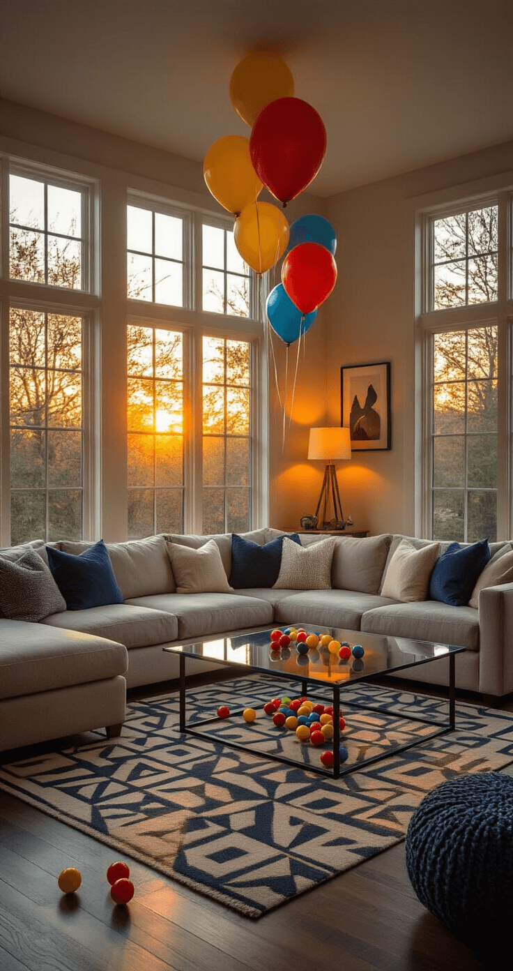 The Ultimate Guide to Minute to Win It Games for Adults That Actually Work A warm and inviting modern living room setup for a game night, featuring a sectional sofa, glass coffee table with ping pong balls, colorful balloons, cozy throw pillows, a geometric area rug, and soft ambient lighting, all bathed in golden hour light from large windows.