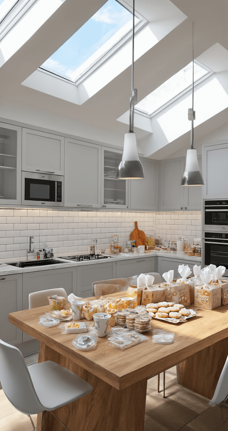 The Ultimate Guide to Minute to Win It Games for Adults That Actually Work Spacious open-plan kitchen and dining area bathed in natural light from skylights, featuring a large wooden dining table with party supplies and cookies, modern bar stools, a marble countertop with organized tissue boxes, a white subway tile backsplash, and stainless steel appliances.