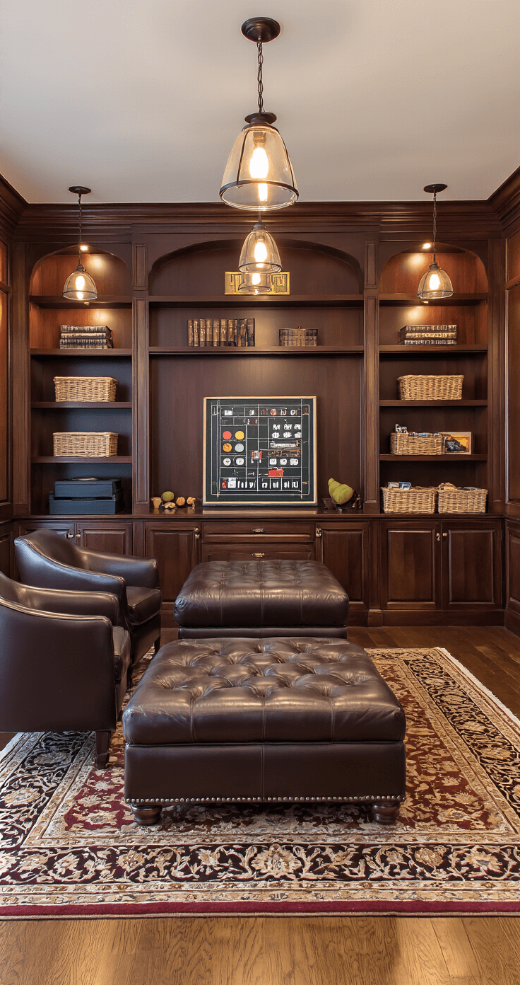The Ultimate Guide to Minute to Win It Games for Adults That Actually Work Elegant game room featuring dark leather chairs around a central ottoman, evening lighting from pendant fixtures, a mahogany bookshelf with a scoreboard, organized game supplies in wicker baskets, and a rich burgundy and gold color palette set against hardwood floors with a Persian rug.