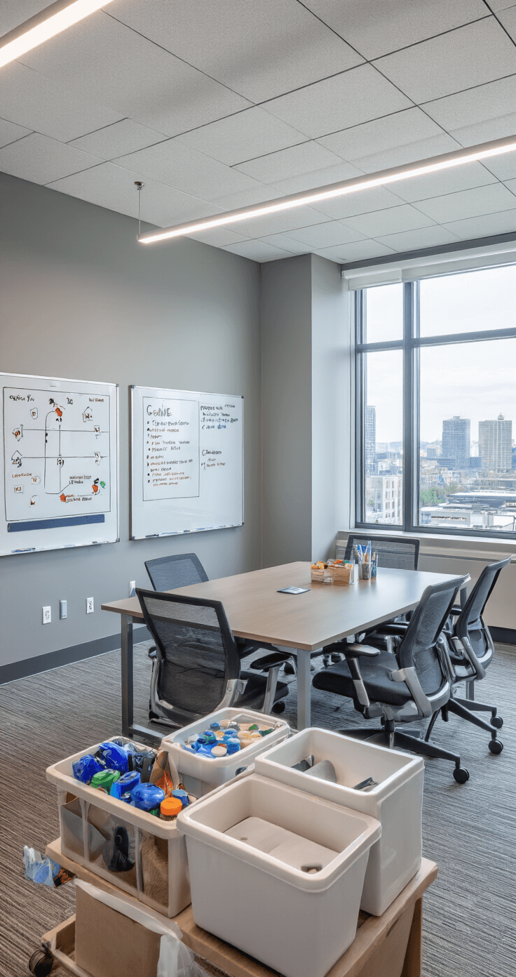 The Ultimate Guide to Minute to Win It Games for Adults That Actually Work A contemporary home office transformed for team building, featuring fluorescent lighting, a conference table with ergonomic chairs, whiteboards with game rules, neatly arranged supplies, a neutral gray and blue color scheme, large cityscape windows, and an organized, professional yet fun atmosphere.