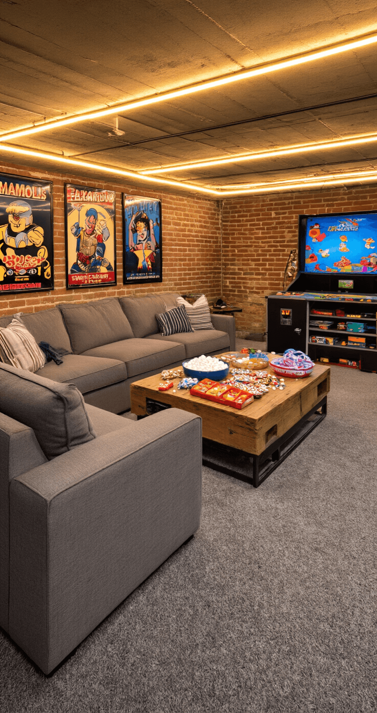 The Ultimate Guide to Minute to Win It Games for Adults That Actually Work A cozy basement rec room with warm LED strip lighting, featuring comfortable sectionals facing an entertainment center, a coffee table filled with marshmallows and party games, exposed brick walls, plush charcoal gray carpeting, vintage arcade posters, and an intimate underground hangout atmosphere.