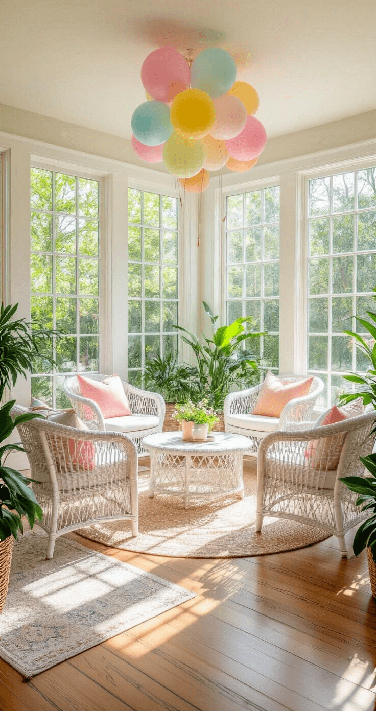 The Ultimate Guide to Minute to Win It Games for Adults That Actually Work A bright and airy sunroom party space featuring floor-to-ceiling windows, lightweight furniture arranged in a circle, pastel balloon decorations, white wicker chairs with colorful cushions, and potted plants, creating a cheerful spring atmosphere with hardwood floors and area rugs.