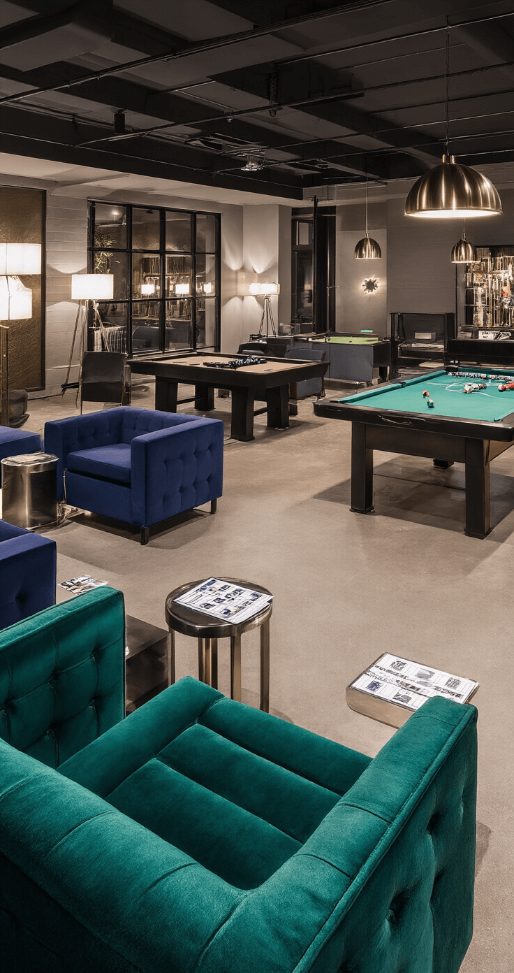 The Ultimate Guide to Minute to Win It Games for Adults That Actually Work A chic living space featuring a game tournament setup, illuminated by dramatic floor lamps. Modern furniture is pushed aside to create an open play area, with sleek side tables displaying scorecards. The room showcases metallic accents and deep jewel tones of navy and emerald against polished concrete floors, all contributing to an upscale, competitive atmosphere. The low angle shot highlights the spacious layout and minimalist decor intertwined with party elements.