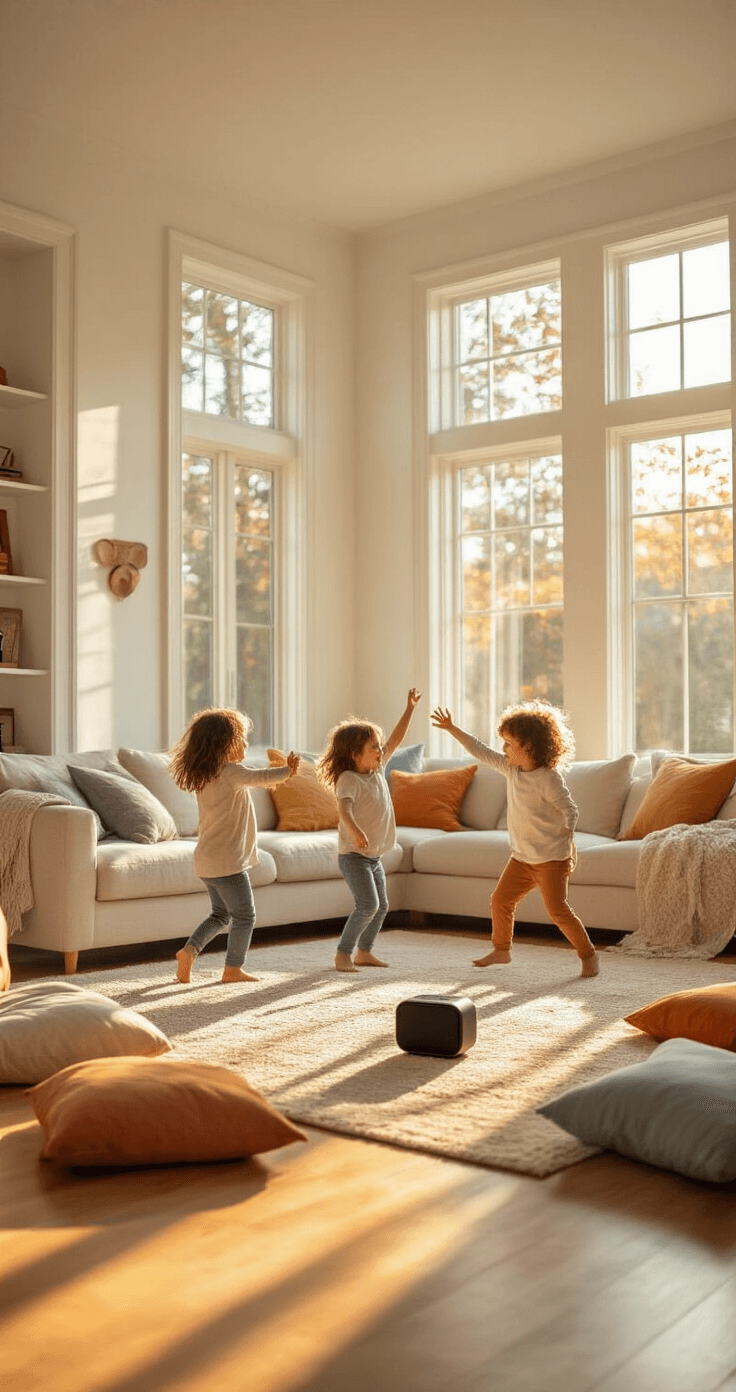 Wide-angle shot of a sunlit living room with children dancing among colorful throw pillows, a Bluetooth speaker on a coffee table, and warm light streaming through large windows, creating a cozy and energetic atmosphere.
