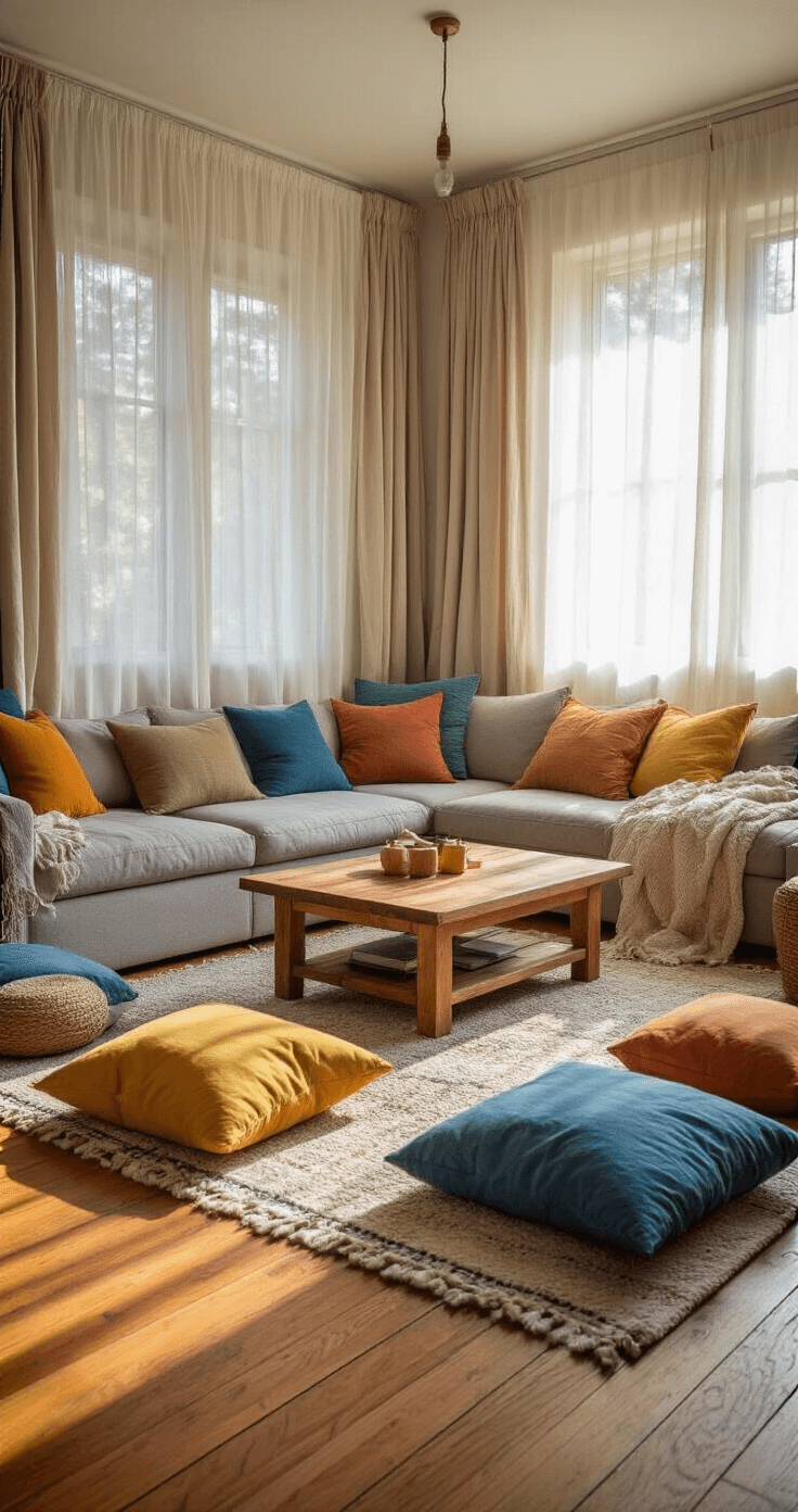 Eye-level view of a cozy living room transformed into an adventure playground, featuring vibrant throw pillows and cushions on a hardwood floor, illuminated by warm natural light through sheer curtains, promoting a whimsical, creative atmosphere.