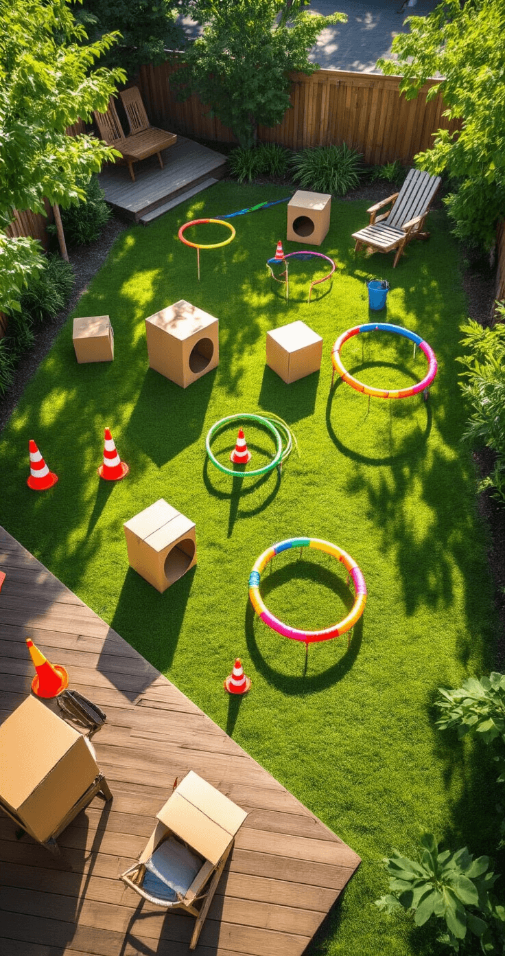 Overhead view of a vibrant backyard obstacle course featuring cardboard boxes, hula hoops, jump ropes, and traffic cones, surrounded by lush green grass and wooden patio furniture under bright morning sunlight.