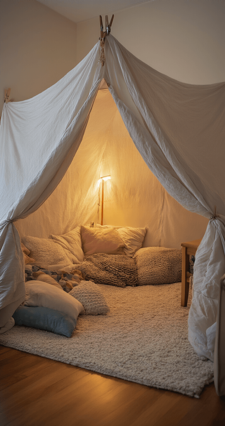 Children's bedroom corner featuring a cozy blanket fort made of sheets and chairs, illuminated by warm lamplight and flashlights, with soft pillows on the hardwood floor, creating an inviting and imaginative atmosphere.