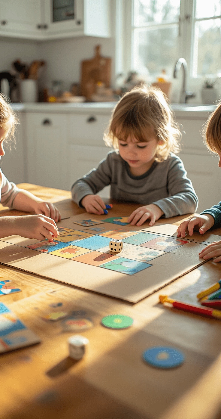 Close-up of children's hands crafting a colorful DIY board game on a natural wood kitchen table, surrounded by art materials like markers and dice, illuminated by bright morning light.