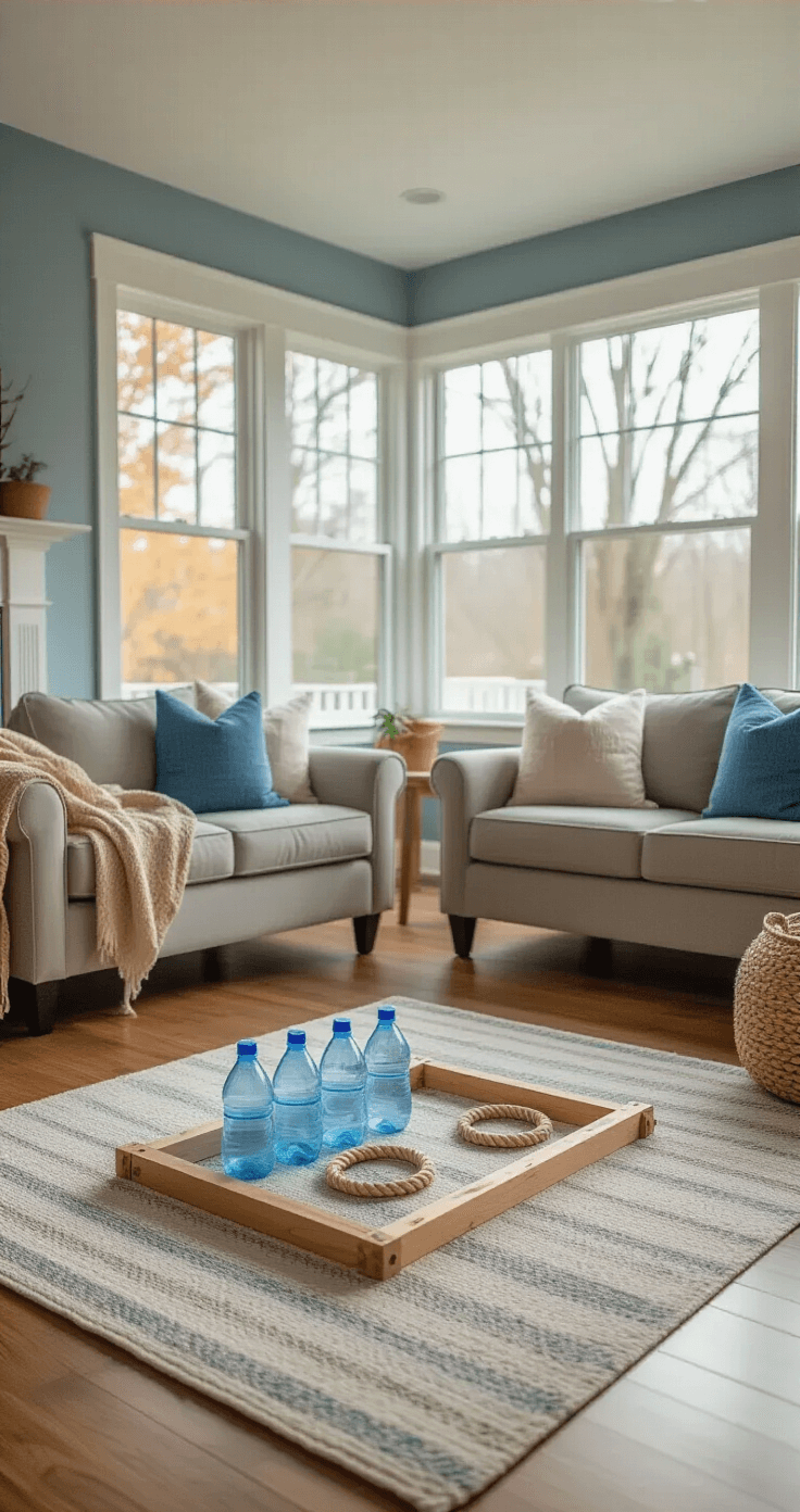 Wide interior shot of a family room featuring a homemade ring toss game on a hardwood floor, with decorated plastic bottles and rope rings. Comfortable seating is pushed back, and the space is illuminated by soft, natural light from large windows. The room has a color palette of muted blues and warm wood tones, with bright accents. Modern furniture and clean lines frame the playful setup.