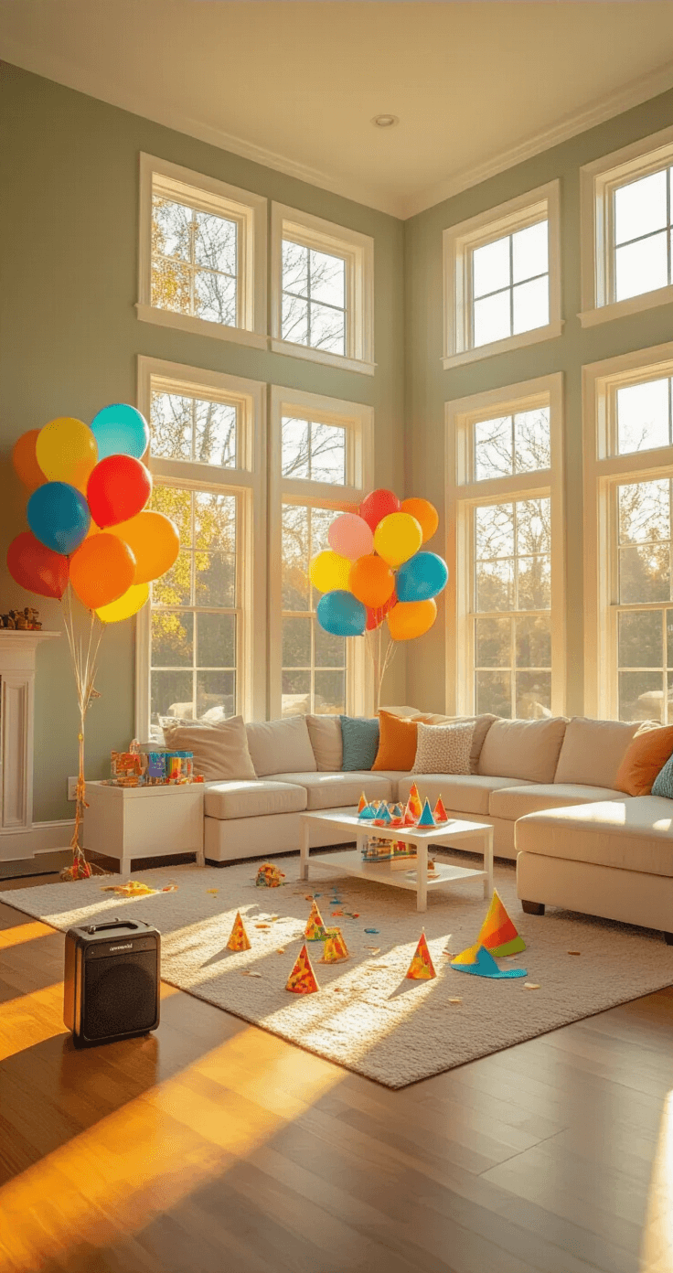 Spacious modern living room bathed in warm golden sunlight, featuring hardwood floors and children's birthday party supplies, including colorful balloons, a portable Bluetooth speaker, and party hats on a plush sectional sofa, with high ceilings and soft sage green walls.