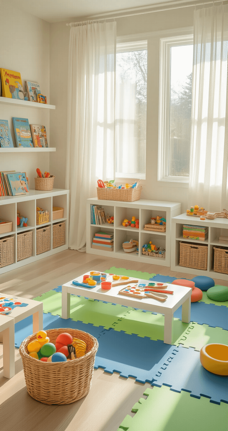 Cinematic overhead view of a bright, organized children’s playroom with vibrant activity stations, colorful props in a wicker basket, art supplies on a white table, and cheerful foam floor mats, illuminated by soft morning light through sheer curtains.