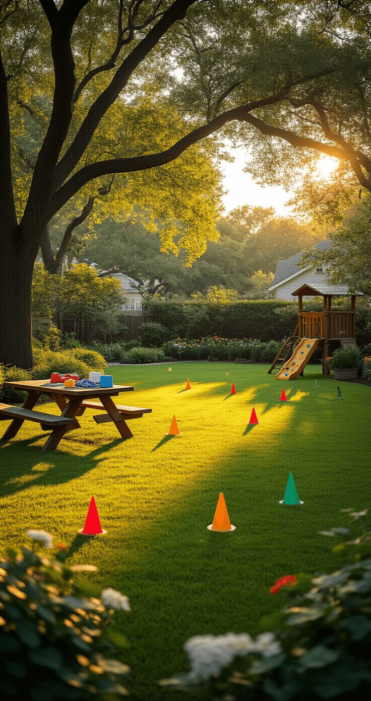 Wide shot of a sunlit suburban backyard featuring a large lawn, mature oak trees, game boundary markers, a picnic table with supplies, a wooden playset, and flowering bushes, creating an inviting atmosphere for summer games.