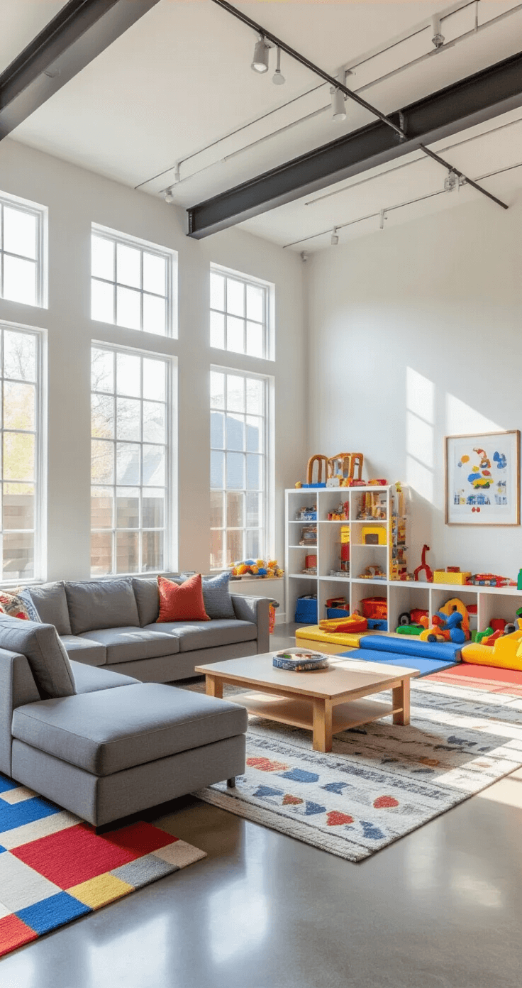 Dynamic low-angle shot of a contemporary family room converted into a play space with furniture pushed aside, bright daylight pouring in from large windows, and colorful safety measures in place for energetic indoor activities.