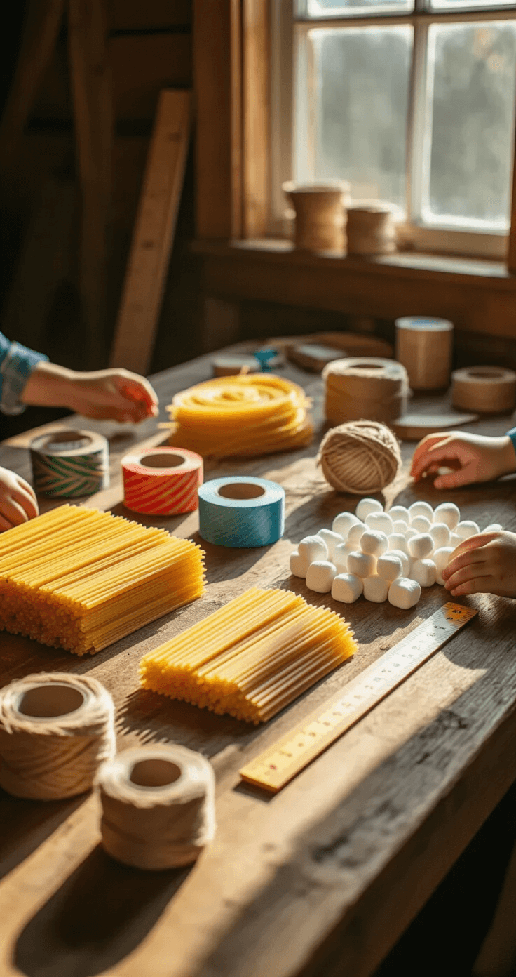 A macro shot of a rustic wooden craft table filled with uncooked spaghetti, colorful masking tape, balls of twine, and marshmallows, illuminated by bright natural light, with small hands reaching for supplies and measuring rulers and timers nearby, emphasizing creativity and collaboration in engineering challenges.