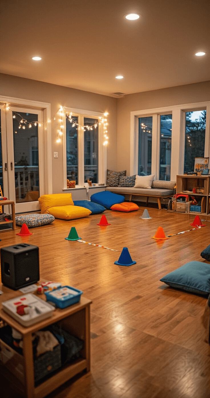 Wide shot of an organized indoor party space featuring thoughtful preparations, including a portable speaker, first aid kit, colorful boundary markers, and a quiet corner with cushions, all illuminated by string lights and recessed lighting, showcasing a contemporary design with distinct activity zones for children.