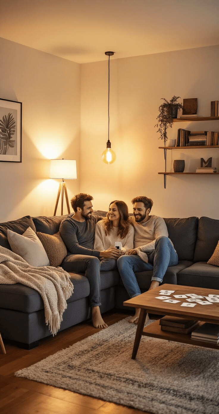 A cozy living room at dusk features cream walls and warm lighting from Edison bulbs. A couple sits cross-legged on a plush charcoal sectional, surrounded by throw pillows, with hardwood floors and an area rug. A coffee table holds scattered question cards, and phones lie face-down nearby. The scene captures a moment of laughter, enhanced by rich textures of knitted throws and leather-bound books on shelves.
