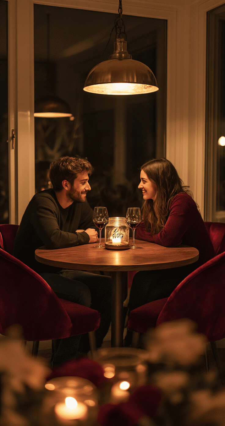 A romantic candlelit dining nook featuring a small round wooden table with two velvet burgundy chairs facing each other, flickering candles in brass holders, and wine glasses reflecting light, as a couple leans forward in conversation over a decorative question jar centerpiece, all under dim pendant lighting in a warm color palette of deep reds, golds, and amber tones.