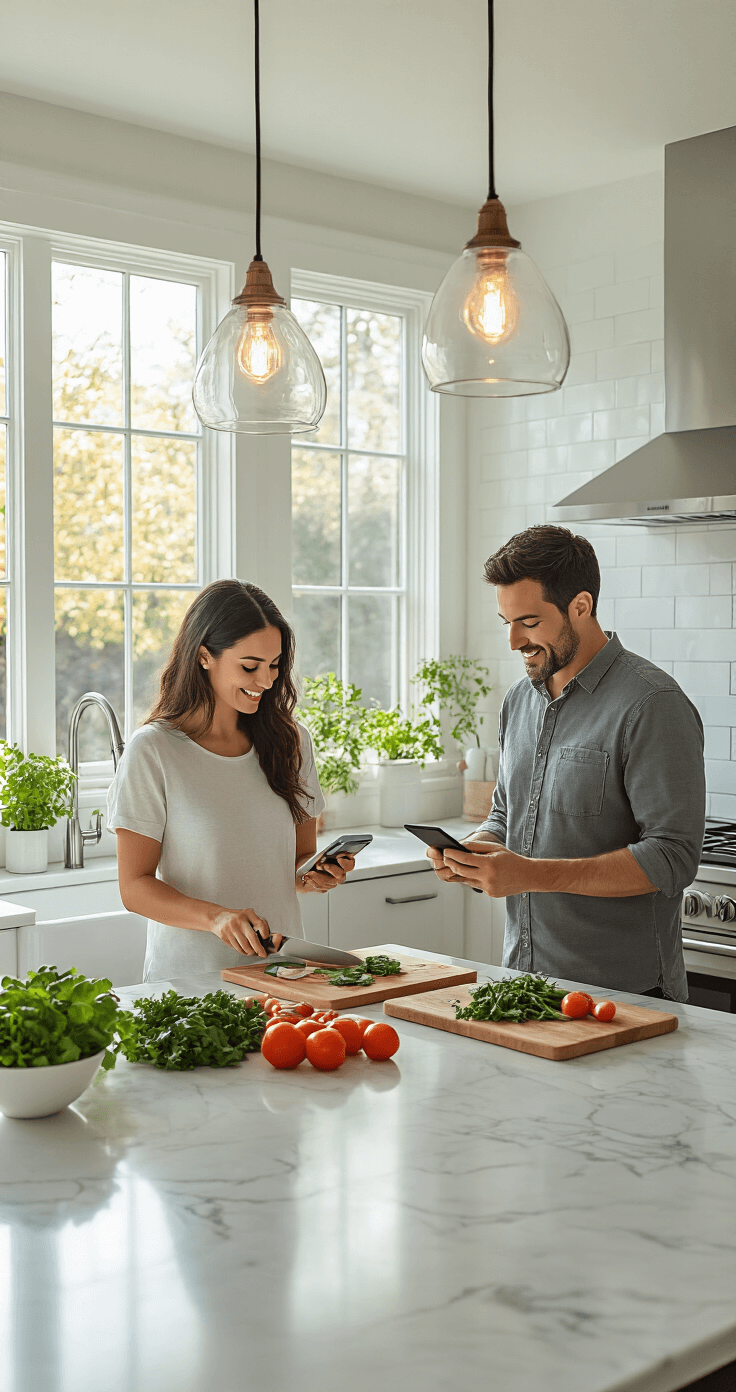 A bright contemporary kitchen features a couple cooking together, with one partner chopping vegetables while the other reads from a phone app. The space is illuminated by natural daylight from large windows, highlighting white marble countertops, stainless steel appliances, and vibrant green herbs.