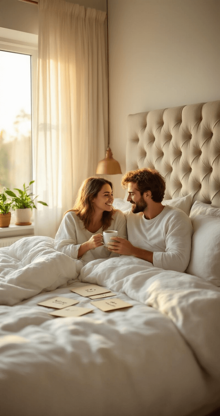 A cozy sunlit master bedroom featuring a couple sharing coffee while sitting against a tufted headboard, with question cards spread across white linen bedding. The warm golden hour light filters through sheer curtains, highlighting the cream and white color scheme, warm wood nightstands, and plants on the windowsill, creating an intimate atmosphere of togetherness.