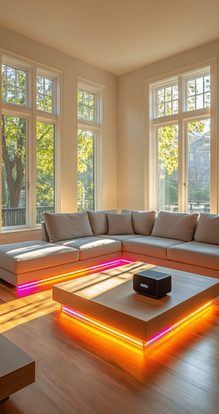 Bright, airy living room with hardwood floors, large windows, and afternoon sunlight; modern coffee table pushed aside for a dance floor with colorful LED strip lights; contemporary sectional sofa with neutral cushions; sleek black Bluetooth speaker on a floating shelf; warm golden hour lighting and dynamic shadows, shot from a low angle in the corner.