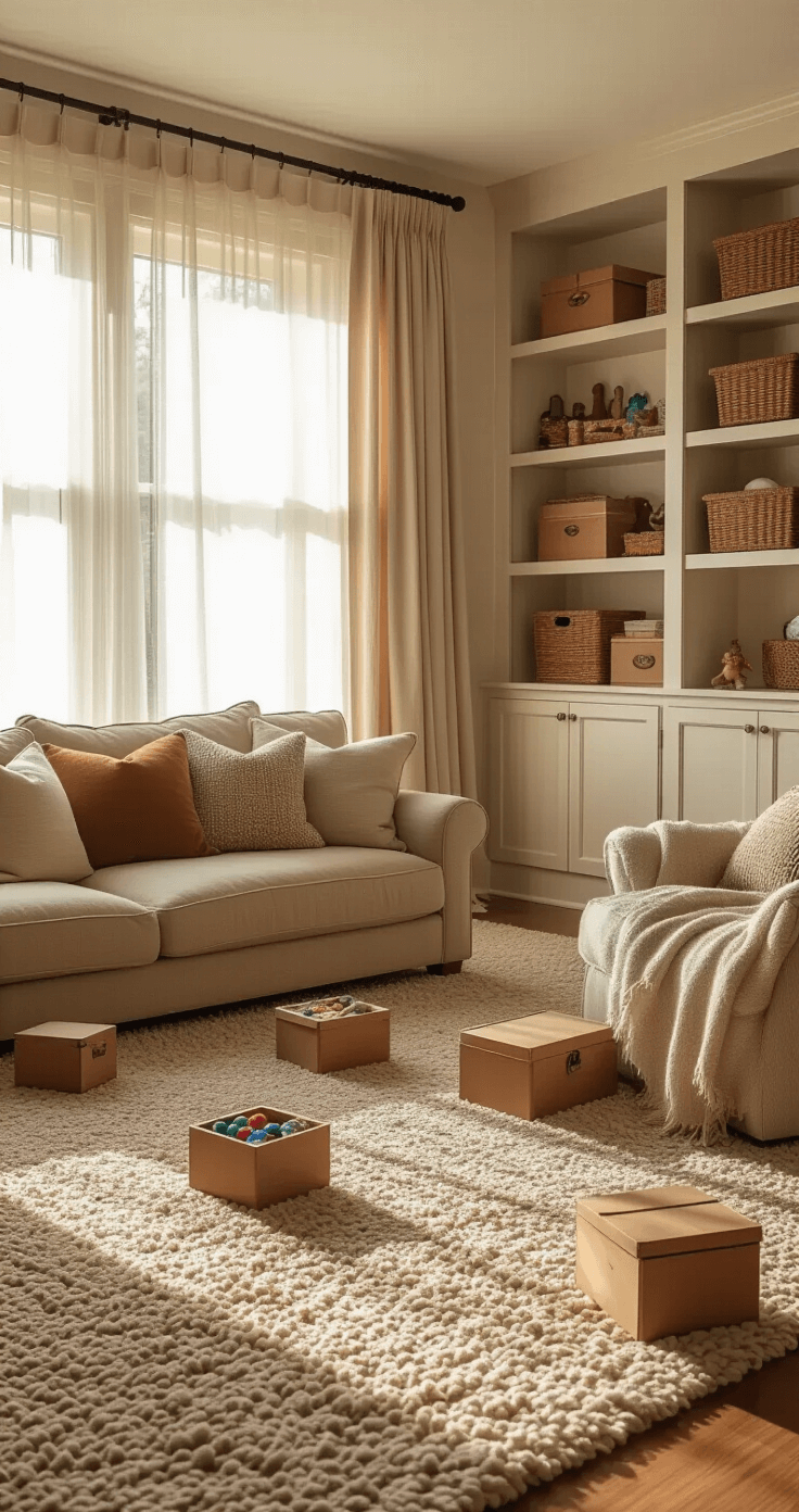 Cozy family living room with warm wood tones, soft morning light, and an obstacle course of sofa cushions, featuring hidden treasure boxes and an earth-tone color palette accented by jewel tones, viewed from a child's perspective.