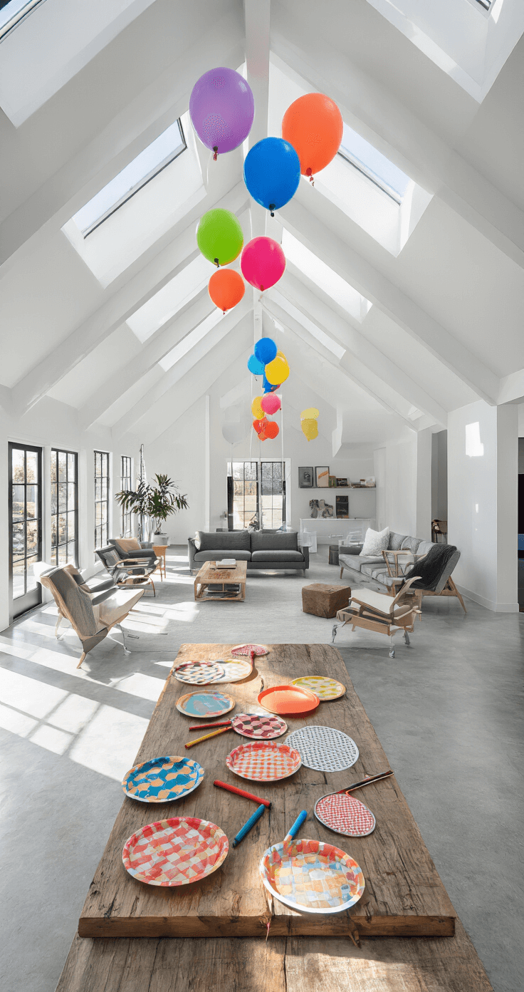 A spacious open-concept living area with vaulted ceilings, polished concrete floors, and minimalist decor, featuring colorful balloons and paper plate rackets arranged for balloon tennis, illuminated by bright afternoon light from skylights.