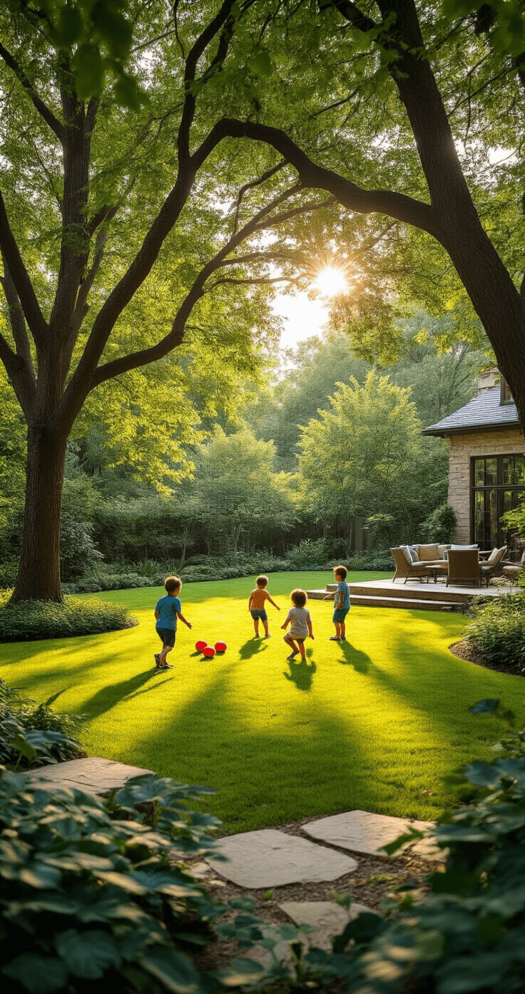Well-manicured backyard featuring lush green lawn and mature trees, children playing a game of SPUD in classic formation, with a natural stone patio and outdoor furniture in the background, all illuminated by warm late-afternoon sunlight.