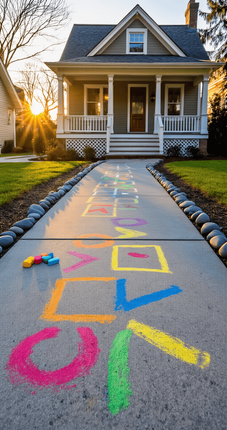 A charming front driveway with smooth concrete showcasing a colorful hopscotch pattern in bright chalk, with a traditional craftsman home and welcoming porch in the background, under warm sunset lighting that highlights the cheerful primary colors and nostalgic atmosphere.
