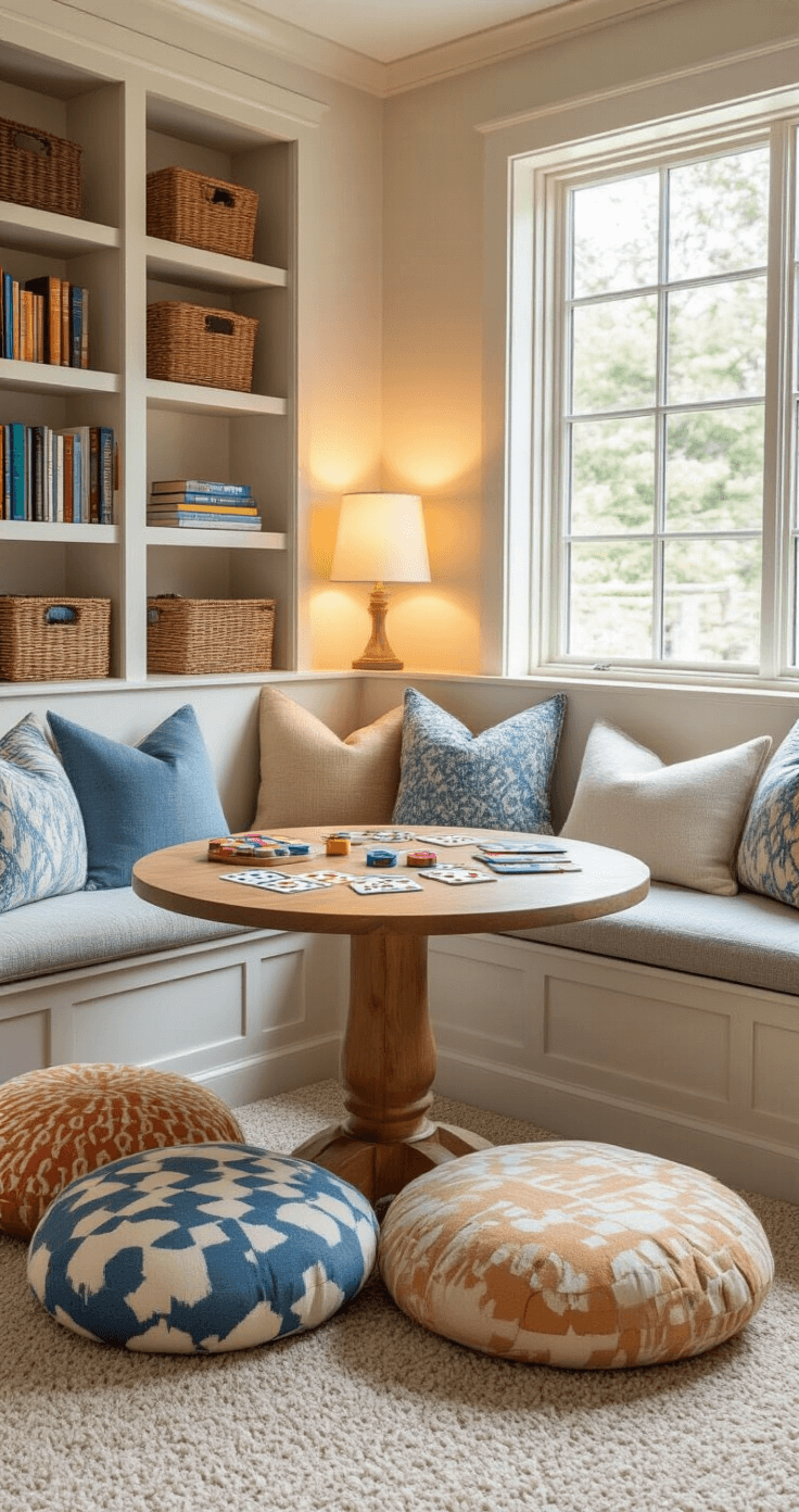 Cozy family room corner featuring a built-in window seat with plush cushions, a low round wooden table surrounded by colorful floor pillows, and neatly arranged card and board games, all illuminated by a warm lamp, with soft blue and cream decor and natural wood accents.