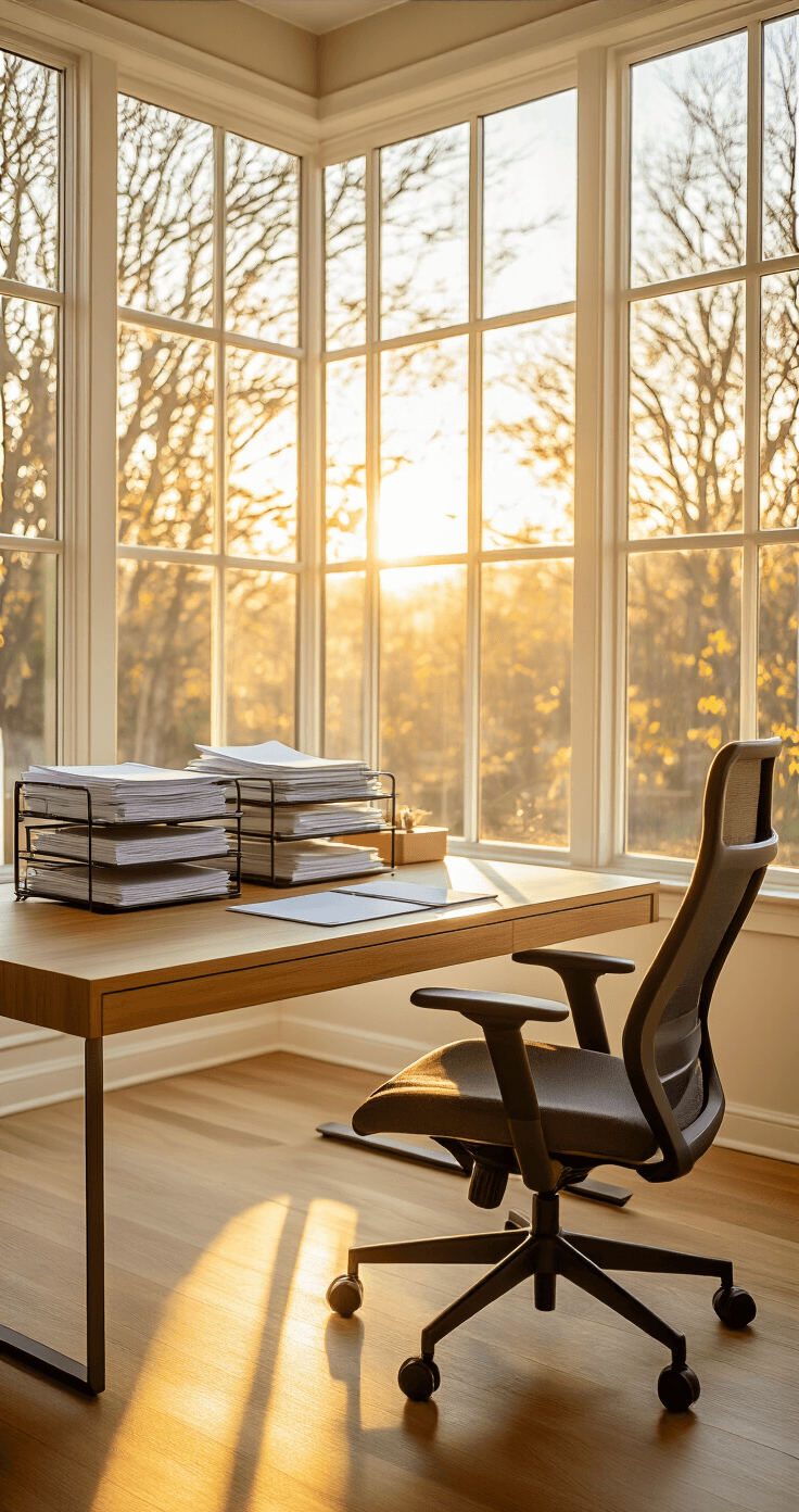 How I Transformed My Chaotic Desk Into a Productivity Paradise (And You Can Too!) A professional home office bathed in morning golden hour light, featuring a sleek wooden desk with a three-tier organizer, a modern ergonomic chair, and minimalist decor in warm honey wood tones with crisp white accents, all showcasing organized efficiency and calm productivity.