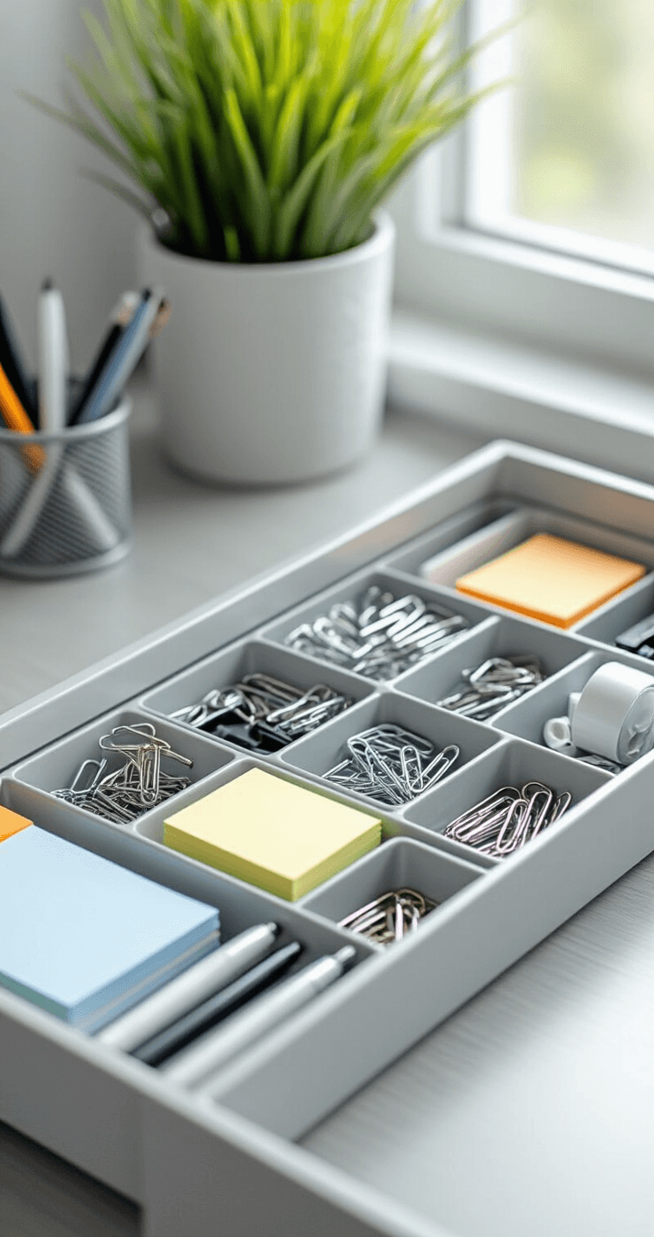 How I Transformed My Chaotic Desk Into a Productivity Paradise (And You Can Too!) Close-up view of an organized desk drawer featuring adjustable compartment organizers; neatly sorted office supplies including pens in designated slots, paper clips in small containers, and perfectly stacked sticky notes, all set in a cool gray and white color palette with bright natural lighting and a shallow depth of field.