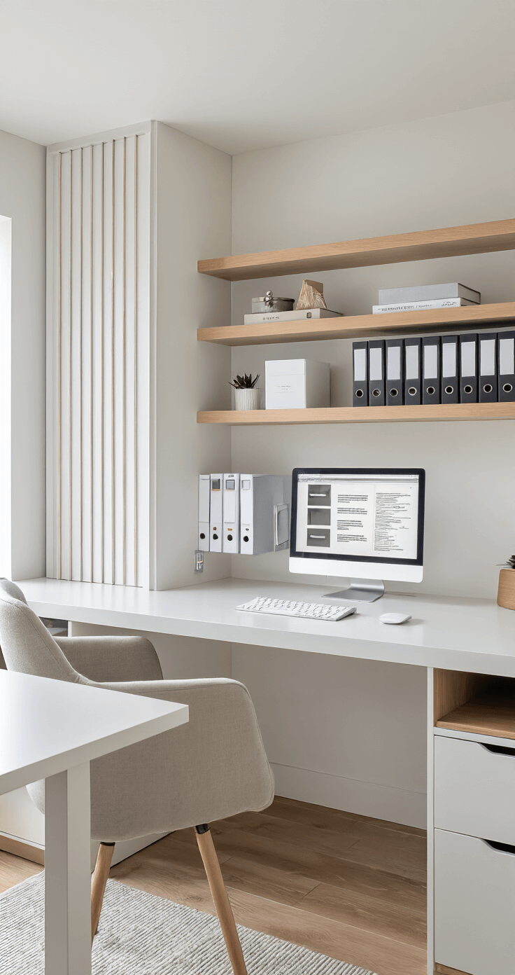 How I Transformed My Chaotic Desk Into a Productivity Paradise (And You Can Too!) A modern workspace with vertical wall storage and floating shelves above a sleek desk, organized binders and files displayed, wall-mounted document holders, a monitor on a storage stand, featuring a clean, geometric design in monochromatic white and natural wood, captured from desk level.
