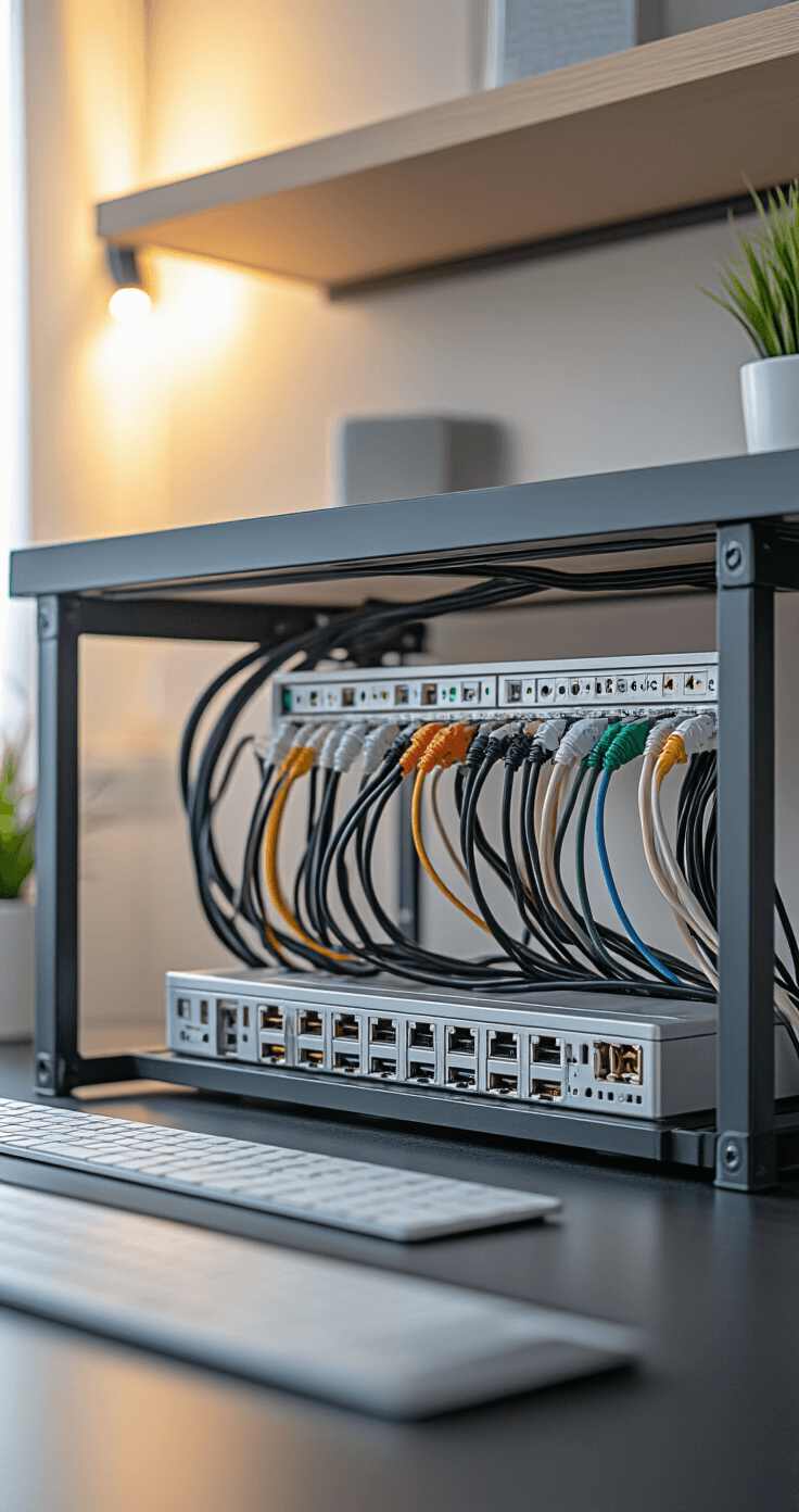 How I Transformed My Chaotic Desk Into a Productivity Paradise (And You Can Too!) A low angle shot of an organized cable management setup under a contemporary desk, featuring routed cables through clips and a management box, neatly bundled with velcro ties, labeled cords, and a clean professional aesthetic with a dark desk surface and silver hardware accents.