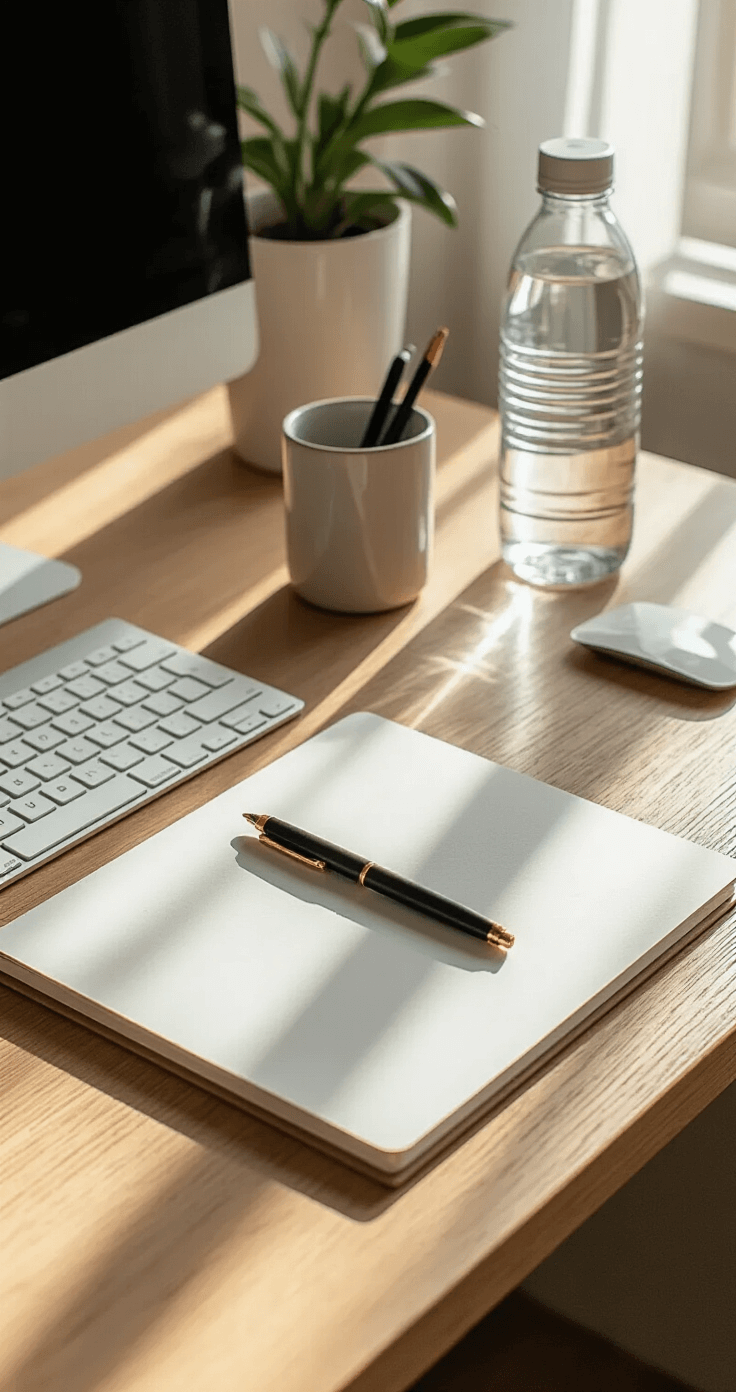 How I Transformed My Chaotic Desk Into a Productivity Paradise (And You Can Too!) A minimalist desk featuring a sleek computer setup, a single notebook, a small pen holder, a water bottle, and a project folder, all set against warm wood tones and bright diffused lighting, emphasizing negative space for a serene and uncluttered workspace.