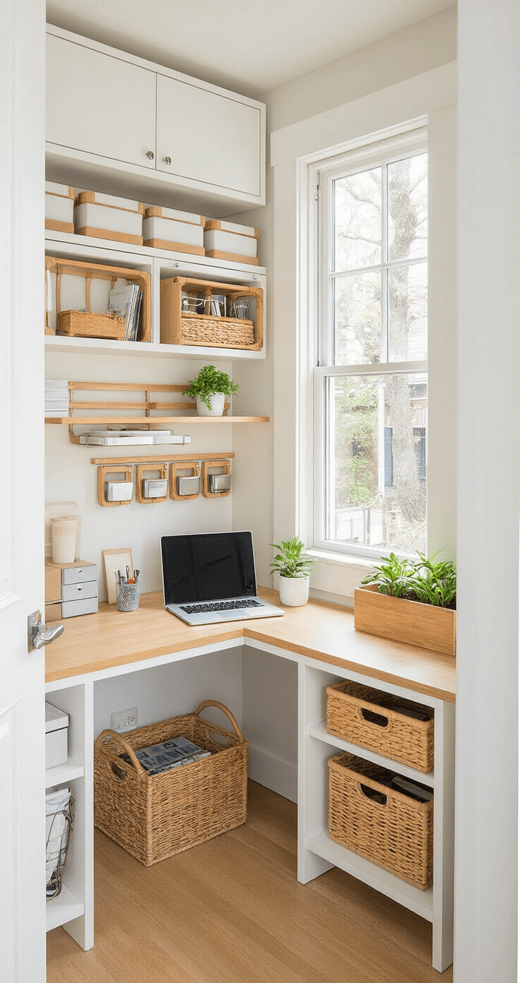 How I Transformed My Chaotic Desk Into a Productivity Paradise (And You Can Too!) Compact desk organization in a cozy home office corner, featuring vertical stackable organizers, wall-mounted magnetic containers, and under-shelf baskets, all in a light bamboo and white color scheme, maximizing space with natural window light.